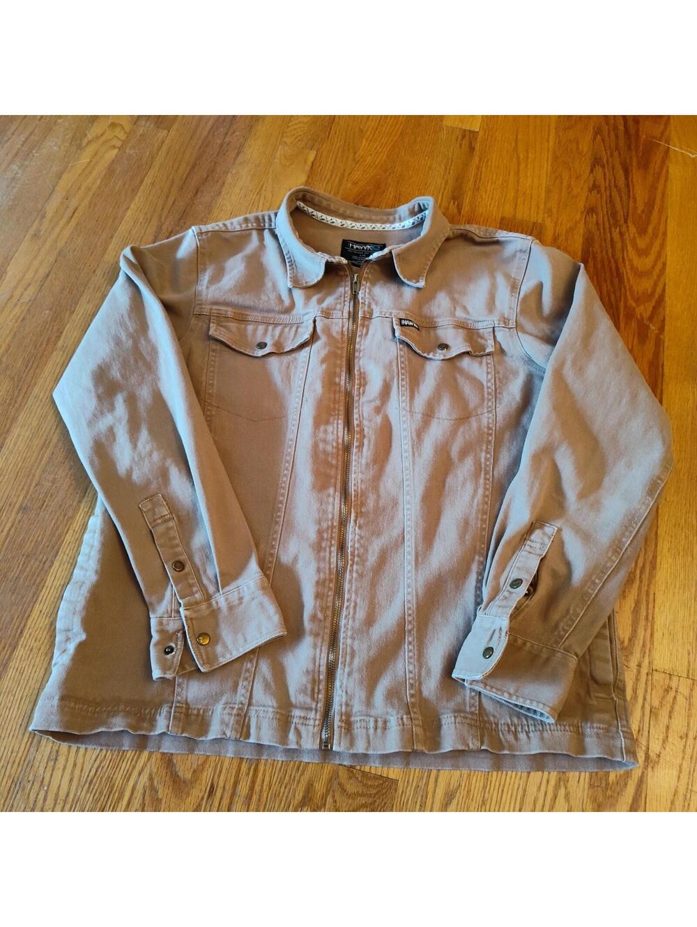 Tony Hawk Twill Khaki Trucker Jacket Pockets Full Zip Stretch Men's Large